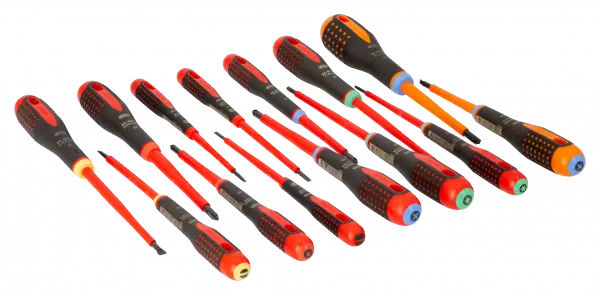 Набор изолированных отверток ERGO™, 14 штук. Под винты со шлицем, Phillips, Pozidriv, TORX® и комбинированные винты Pozidriv BE-9876S