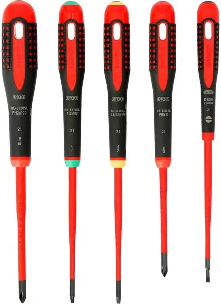 Набор тонких изолированных отвёрток ERGO™ под винты со шлицем Phillips и TORX® с сертификацией VDE и трёхкомпонентной рукояткой — 5 шт BE-9871SL