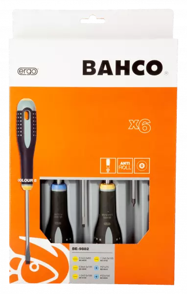 Набор отверток ERGO™, 6 штук. Под винты со шлицем и Pozidriv BE-9882
